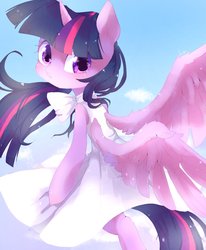 Size: 1240x1507 | Tagged: safe, artist:peparonipizza, twilight sparkle, alicorn, pony, g4, bow, clothes, cute, dress, female, flying, looking at you, mare, sky, solo, spread wings, twiabetes, twilight sparkle (alicorn), wings