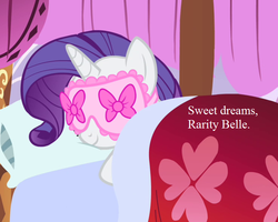 Size: 740x592 | Tagged: safe, edit, edited screencap, editor:korora, screencap, rarity, pony, for whom the sweetie belle toils, g4, bed, cropped, cute, four-post bed, raribetes, sleep mask, sleeping, solo, text