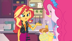 Size: 1600x900 | Tagged: safe, screencap, pinkie pie, sunset shimmer, equestria girls, equestria girls series, g4, holidays unwrapped, saving pinkie's pie, spoiler:eqg series (season 2), bow, confused, cup, duo, duo female, egg beater, female, geode of empathy, hair bow, kitchen, magical geodes, mixer, oven mitts, pan, pitcher, ramekin, souffle