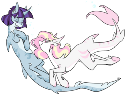 Size: 1207x907 | Tagged: safe, artist:egophiliac, oc, oc only, oc:killi thaum, oc:rainy skies, merpony, original species, pony, shark, shark pony, colored hooves, duo, female, mare, mother and daughter, simple background, transparent background