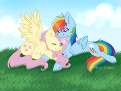 Size: 1200x900 | Tagged: safe, artist:ninetheclipse, fluttershy, rainbow dash, pegasus, pony, g4, cuddling, female, folded wings, grass, lesbian, looking at each other, mare, one eye closed, outdoors, prone, ship:flutterdash, shipping, smiling, spread wings, wings, wink