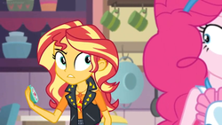 Size: 1600x900 | Tagged: safe, screencap, pinkie pie, sunset shimmer, equestria girls, equestria girls series, g4, holidays unwrapped, saving pinkie's pie, spoiler:eqg series (season 2), apron, bowl, clothes, colander, cup, female, geode of empathy, jacket, kitchen, looking back, magical geodes, timer