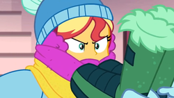 Size: 1600x900 | Tagged: safe, screencap, sunset shimmer, equestria girls, equestria girls series, g4, holidays unwrapped, saving pinkie's pie, spoiler:eqg series (season 2), boots, bundled up, bundled up for winter, clothes, covered, female, gloves, overdressed, scarf, shoes, solo, toque