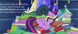 Size: 1215x540 | Tagged: safe, edit, edited screencap, editor:korora, screencap, twilight sparkle, alicorn, pony, a health of information, g4, book, book nest, cropped, cute, female, library, princess sleeping on books, sleeping, solo, text, that pony sure does love books, twiabetes, twilight sparkle (alicorn), twilight's castle, twilight's castle library