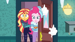 Size: 1600x900 | Tagged: safe, screencap, pinkie pie, sunset shimmer, equestria girls, equestria girls series, g4, holidays unwrapped, saving pinkie's pie, spoiler:eqg series (season 2), clothes, coat, female, jacket, lantern, mailbox, snow, snowball, toque, winter outfit