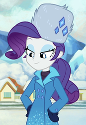Size: 679x983 | Tagged: safe, screencap, rarity, blizzard or bust, equestria girls, equestria girls specials, g4, my little pony equestria girls: better together, my little pony equestria girls: holidays unwrapped, saving pinkie's pie, clothes, coat, cropped, cute, fake snow, female, hat, huggable, lidded eyes, mittens, raribetes, rarity's winter hat, solo, ushanka, winter coat, winter outfit