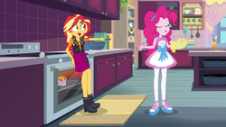 Size: 1920x1080 | Tagged: safe, screencap, pinkie pie, sunset shimmer, equestria girls, equestria girls series, g4, holidays unwrapped, saving pinkie's pie, spoiler:eqg series (season 2), eyes closed, female, geode of empathy, magical geodes, thumbs up