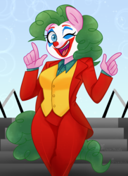 Size: 3648x5000 | Tagged: safe, artist:liziedoodle, pinkie pie, earth pony, anthro, g4, arthur fleck, clothes, clown, clown makeup, dyed mane, dyed tail, female, joaquin phoenix, joker (2019), joker stairs, pinkie joker, solo, staircase, stairs, suit, the joker