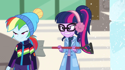 Size: 1920x1080 | Tagged: safe, screencap, rainbow dash, sci-twi, twilight sparkle, blizzard or bust, equestria girls, equestria girls series, g4, holidays unwrapped, spoiler:eqg series (season 2), canterlot high, clothes, duo, female, shovel, winter outfit