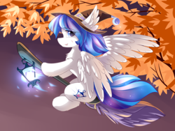 Size: 4400x3300 | Tagged: safe, artist:dreamweaverpony, oc, oc only, oc:lady diamante, pegasus, pony, blue eyes, blue mane, broom, cutie mark, ear fluff, female, fluffy, flying, flying broomstick, halloween, hat, holiday, lantern, leaves, looking at you, mare, night, open mouth, scar, sky, solo, spread wings, tree branch, wings, witch, witch hat
