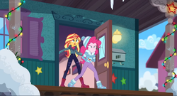 Size: 1600x866 | Tagged: safe, screencap, pinkie pie, sunset shimmer, equestria girls, equestria girls specials, g4, my little pony equestria girls: better together, my little pony equestria girls: holidays unwrapped, saving pinkie's pie, boots, christmas, christmas lights, clothes, coat, column, door, female, holiday, house, jacket, lantern, mailbox, shoes, stars, toque, winter outfit