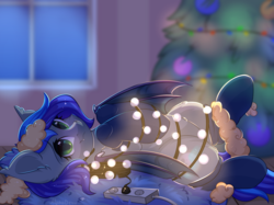 Size: 2732x2048 | Tagged: safe, artist:alphadesu, oc, oc only, oc:lunar aurora, bat pony, pony, bat pony oc, bat wings, christmas, christmas lights, christmas tree, clothes, commission, cute, cute little fangs, fangs, female, green eyes, high res, holiday, mare, ocbetes, socks, solo, tangled up, tree, wings, ych result