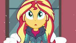 Size: 1920x1080 | Tagged: safe, screencap, sunset shimmer, blizzard or bust, equestria girls, equestria girls series, g4, holidays unwrapped, spoiler:eqg series (season 2), animated, clothes, female, snow, snowflake, solo, sound, webm, winter outfit