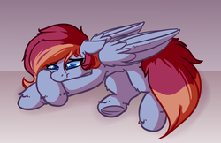 Size: 3550x2300 | Tagged: safe, artist:witchtaunter, oc, oc only, oc:arian blaze, pegasus, pony, commission, gradient background, high res, lying down, sad, solo