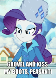 Size: 650x900 | Tagged: safe, edit, edited screencap, screencap, rarity, equestria girls, equestria girls series, g4, holidays unwrapped, spoiler:eqg series (season 2), caption, clothes, coat, cropped, female, grovelling, hat, image macro, lidded eyes, mittens, peasant, rarity's winter hat, solo, text, winter coat