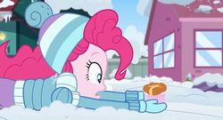 Size: 1600x862 | Tagged: safe, screencap, pinkie pie, equestria girls, equestria girls series, g4, holidays unwrapped, saving pinkie's pie, spoiler:eqg series (season 2), clothes, coat, female, house, lying down, mittens, outdoors, ramekin, snow, solo, souffle, window, winter, winter outfit