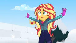 Size: 1600x900 | Tagged: safe, screencap, sunset shimmer, equestria girls, equestria girls specials, g4, my little pony equestria girls: better together, my little pony equestria girls: holidays unwrapped, saving pinkie's pie, apple, clothes, coat, female, flag, food, gloves, jacket, outstretched arms, raised hand, snow fort, solo, stop, wall, winter