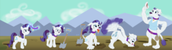 Size: 6400x1872 | Tagged: safe, artist:sixes&sevens, rarity, diamond dog, pony, unicorn, g4, belt, clothes, cloud, collar, diamond dog rarity, diamond dogified, drool, faded cutie mark, female, gem, magic, mare, mountain, mountain range, outdoors, panting, pony to diamond dog, raridog, scenery, shovel, species swap, story included, tail wag, tank top, telekinesis, tongue out, transformation, transformation sequence