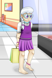 Size: 2000x3000 | Tagged: safe, artist:pvryohei, silver spoon, human, g4, anklet, barefoot, barefooting, bracelet, braided ponytail, clothes, cute, feet, female, glasses, high res, humanized, jewelry, legs, mall, miniskirt, pleated skirt, shopping, shopping bag, skirt, solo