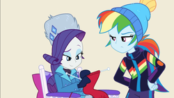 Size: 1920x1080 | Tagged: safe, screencap, rainbow dash, rarity, blizzard or bust, equestria girls, equestria girls series, holidays unwrapped, spoiler:eqg series (season 2), chair, clothes, cute, duo, duo female, female, jacket, knitting, knitting needles, mittens, raribetes, rarity's winter hat, sitting, toque, winter coat, winter hat, winter outfit