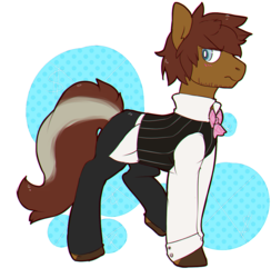 Size: 1048x1075 | Tagged: safe, artist:pomrawr, oc, oc only, pony, abstract background, bowtie, clothes, colored hooves, frown, male, pants, solo, stallion, vest