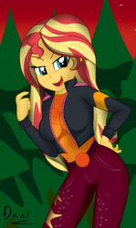 Size: 1865x3119 | Tagged: safe, artist:danielitamlp, sunset shimmer, equestria girls, equestria girls series, g4, sunset's backstage pass!, spoiler:eqg series (season 2), breasts, busty sunset shimmer, clothes, female, hand on hip, jacket, looking at you, open mouth, pants, smiling, solo, tree