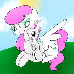 Size: 500x500 | Tagged: safe, artist:wisheslotus, oc, oc only, oc:lily cloud, pegasus, pony, rabbit, animal, cloud, female, mare, one eye closed, pegasus oc, prone, wings, wink