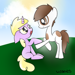 Size: 500x500 | Tagged: safe, artist:wisheslotus, dinky hooves, pipsqueak, earth pony, pony, unicorn, g4, cloud, colt, duo, female, filly, male, rearing, sitting