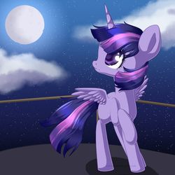 Size: 1024x1024 | Tagged: safe, artist:rue-willings, twilight sparkle, alicorn, pony, g4, balcony, cloud, cute, female, full moon, looking at something, mare, missing cutie mark, moon, night, sky, solo, twiabetes, twilight sparkle (alicorn)
