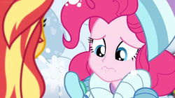 Size: 1600x898 | Tagged: safe, screencap, pinkie pie, sunset shimmer, equestria girls, equestria girls series, g4, holidays unwrapped, saving pinkie's pie, spoiler:eqg series (season 2), clothes, female, mittens, sad, snow, toque, whimpering, winter, winter outfit