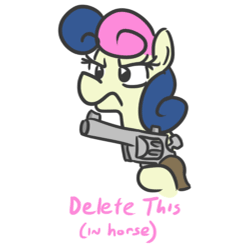 Size: 245x245 | Tagged: safe, artist:jargon scott, edit, bon bon, sweetie drops, earth pony, pony, derpibooru, g4, animated, delet this, descriptive noise, female, forced juxtaposition, frown, gif, gun, handgun, horse noises, juxtaposition, juxtaposition win, meme, meta, multi image animation, ponified, revolver, simple background, solo, weapon, white background