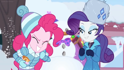 Size: 1600x900 | Tagged: safe, screencap, pinkie pie, rarity, equestria girls, equestria girls specials, g4, my little pony equestria girls: better together, my little pony equestria girls: holidays unwrapped, saving pinkie's pie, clothes, coat, duo, duo female, elated, female, fork, happy, hat, jacket, ramekin, rarity's winter hat, snowman, souffle, toque, ushanka, winter outfit