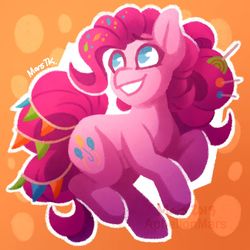 Size: 1280x1280 | Tagged: safe, artist:aphelionmars, pinkie pie, earth pony, pony, g4, the last problem, cute, diapinkes, female, mare, no pupils, older, older pinkie pie, orange background, simple background, solo