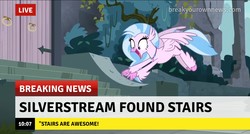 Size: 1274x682 | Tagged: safe, edit, edited screencap, screencap, silverstream, classical hippogriff, hippogriff, g4, school daze, break your own news, breaking news, captain obvious, cute, diastreamies, female, news, no shit sherlock, solo, stairs, teenager, that hippogriff sure does love stairs