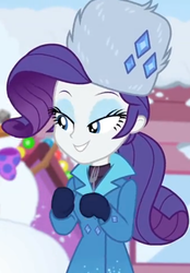 Size: 626x900 | Tagged: safe, screencap, rarity, equestria girls, equestria girls series, g4, holidays unwrapped, saving pinkie's pie, spoiler:eqg series (season 2), beautiful, clothes, cropped, cute, female, fork, gloves, jewelry, lidded eyes, mittens, raribetes, rarity's winter hat, smiling, snow, snowman, sweater, turtleneck, winter coat, winter hat, winter outfit
