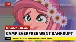 Size: 719x398 | Tagged: safe, edit, edited screencap, screencap, gloriosa daisy, equestria girls, g4, my little pony equestria girls: legend of everfree, bad end, break your own news, breaking news, female, floral head wreath, flower, happy ending override, news, sad, solo