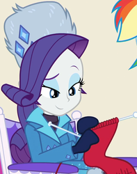 Size: 737x937 | Tagged: safe, screencap, rainbow dash, rarity, equestria girls, equestria girls series, g4, holidays unwrapped, spoiler:eqg series (season 2), chair, clothes, cropped, cute, female, gloves, jacket, jewelry, knitting, lidded eyes, mittens, raised eyebrow, raribetes, rarity's winter hat, sitting, smiling, winter coat, winter hat