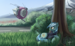 Size: 1600x1000 | Tagged: safe, artist:jackpax, lyra heartstrings, pony, unicorn, fallout equestria, fanfic:background pony, g4, clothes, dig the swell hoodie, eyebot, female, grass, hoodie, lying down, mountain, scenery, solo, spritebot, tree