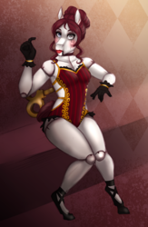 Size: 1560x2390 | Tagged: safe, artist:askbubblelee, oc, oc only, oc:marionette, earth pony, anthro, unguligrade anthro, anthro oc, ball jointed doll, bodypaint, clothes, costume, digital art, female, halloween, halloween costume, holiday, living doll, makeup, mare, nightmare night costume, puppet, scar, solo, wind up key