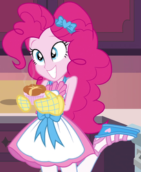 Size: 857x1045 | Tagged: safe, screencap, pinkie pie, equestria girls, equestria girls series, g4, holidays unwrapped, saving pinkie's pie, spoiler:eqg series (season 2), apron, bow, clothes, cropped, cute, female, food, gloves, hair bow, kitchen, oven mitts, pantyhose, raised eyebrows, raised leg, ramekin, sandals, skirt, sleeveless, sleeveless shirt, smiling, solo, souffle