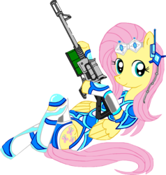 Size: 1366x1432 | Tagged: safe, alternate version, artist:avchonline, fluttershy, pegasus, pony, semi-anthro, g4, anatomically incorrect, armor, black and white, cutie mark, female, grayscale, gun, headset, hooves, incorrect leg anatomy, lying down, mare, monochrome, optical sight, pose, rifle, simple background, sitting, smiling, sniper rifle, solo, starcraft 2, transparent background, weapon, wings
