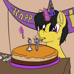 Size: 1000x1000 | Tagged: safe, artist:littlepony115, oc, oc only, pony, unicorn, birthday, black mane, cake, food, fork, gift for friend, knife, male, purple eyes, solo, spoon, stallion, yellow coat