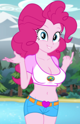 Size: 900x1385 | Tagged: safe, edit, edited screencap, editor:ah96, screencap, pinkie pie, equestria girls, g4, my little pony equestria girls: legend of everfree, adorasexy, belly button, big breasts, breast edit, breasts, busty pinkie pie, camp everfree logo, camp everfree outfits, cleavage, clothes, cropped, cute, daisy dukes, female, looking at you, midriff, outdoors, sexy, shorts, solo, thighs
