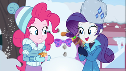 Size: 1920x1080 | Tagged: safe, screencap, pinkie pie, rarity, equestria girls, equestria girls specials, g4, my little pony equestria girls: better together, my little pony equestria girls: holidays unwrapped, saving pinkie's pie, bowtie, clothes, coat, cute, diapinkes, duo, duo female, female, food, fork, happy, hat, jacket, mittens, outdoors, ramekin, raribetes, rarity's winter hat, smiling, snow, snowman, souffle, toque, ushanka, winter coat, winter hat, winter outfit