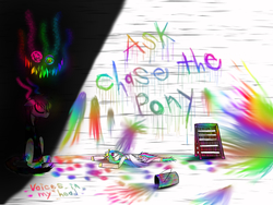 Size: 1600x1200 | Tagged: safe, artist:didun850, oc, oc only, oc:chase, alicorn, pony, comic:ask chase the pony, alicorn oc, ask, comic, female, insanity, male, mare, paint, plushie, solo, sombra eyes, stallion, tumblr, wall writing