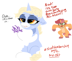 Size: 1375x1161 | Tagged: safe, artist:nootaz, oc, oc:game guard, oc:nootaz, pony, unicorn, angry, duo, female, floppy ears, male, mare, nootvember, nootvember 2019, simple background, sitting, stallion, transparent background
