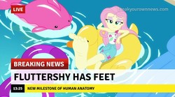 Size: 719x400 | Tagged: safe, edit, edited screencap, screencap, fluttershy, equestria girls, equestria girls series, g4, i'm on a yacht, spoiler:eqg series (season 2), barefoot, break your own news, breaking news, captain obvious, clothes, eyeshadow, feet, female, flutterfeet, foot focus, lidded eyes, makeup, pool toy, shorts, slow news day, soles, solo, swimming pool, wiggling toes