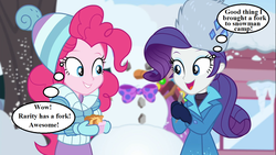 Size: 1280x720 | Tagged: safe, edit, edited screencap, screencap, pinkie pie, rarity, equestria girls, equestria girls specials, g4, my little pony equestria girls: better together, my little pony equestria girls: holidays unwrapped, bow, carrot, clothes, coat, comic, food, fork, hat, mittens, rarity's winter hat, rock, snowman, souffle, text, thought bubble, toque, window