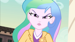 Size: 1920x1080 | Tagged: safe, screencap, princess celestia, principal celestia, blizzard or bust, equestria girls, equestria girls series, g4, holidays unwrapped, spoiler:eqg series (season 2), angry, brooch, canterlot high, celestia is not amused, cutie mark accessory, cutie mark brooch, female, frown, jewelry, looking at you, solo, unamused