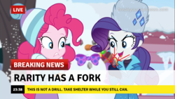 Size: 1280x720 | Tagged: safe, edit, edited screencap, screencap, pinkie pie, rarity, equestria girls, equestria girls series, g4, holidays unwrapped, spoiler:eqg series (season 2), arrow, break your own news, breaking news, evil, fork, meme, text, the end is neigh, time